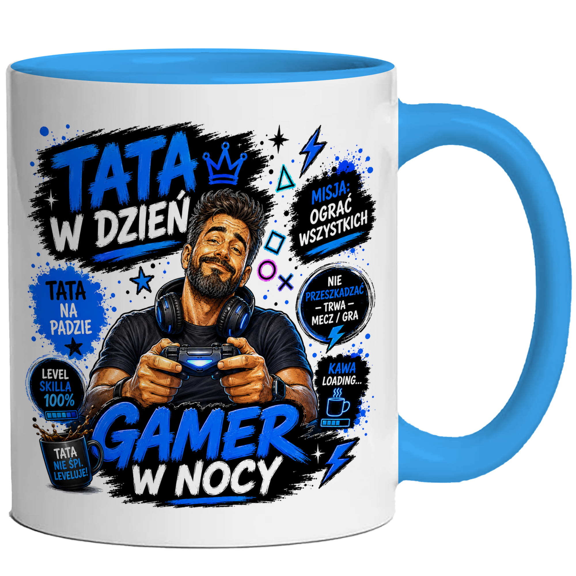 Tata w dzień, gamer w nocy kubek ucho kolor kolor jasnoniebieski