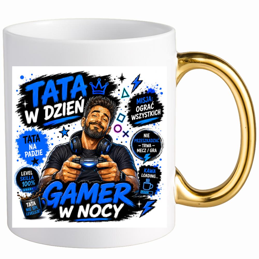 Tata w dzień, gamer w nocy kubek ucho złote kolor serce niebieski