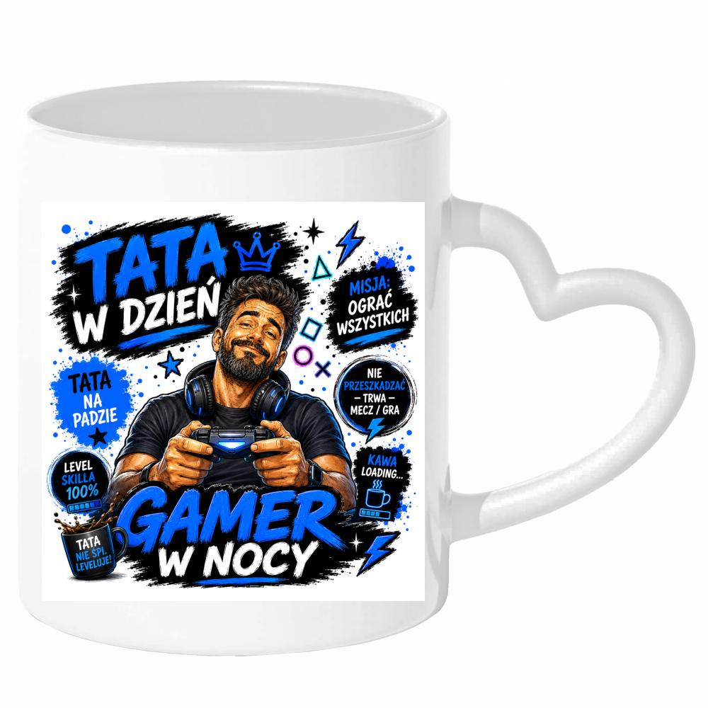 Tata w dzień, gamer w nocy kubek uchwyt serce kolor zielony