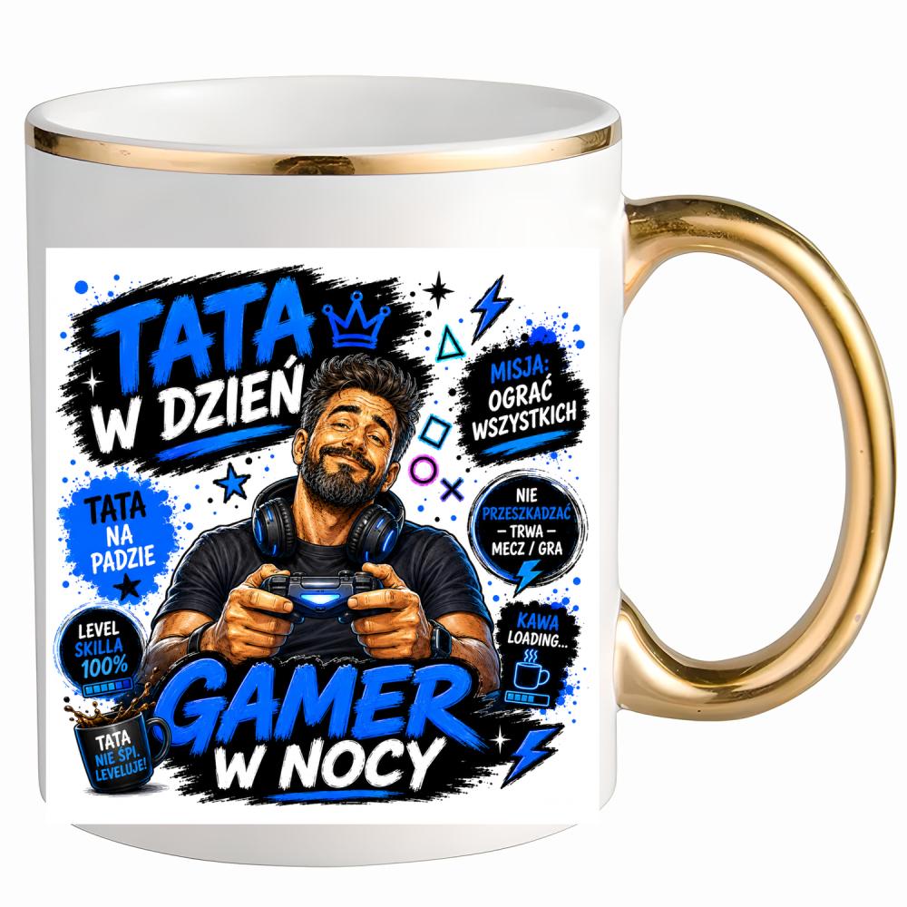 Tata w dzień, gamer w nocy kubek ze złotym uchem i rantem kolor serce niebieski