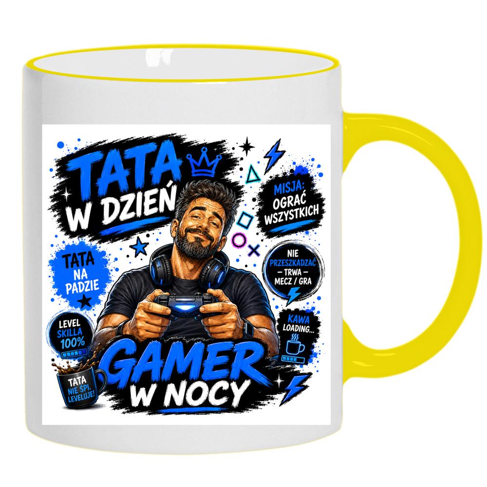 Tata w dzień, gamer w nocy kubek żółty uchwyt i rant kolor złoty