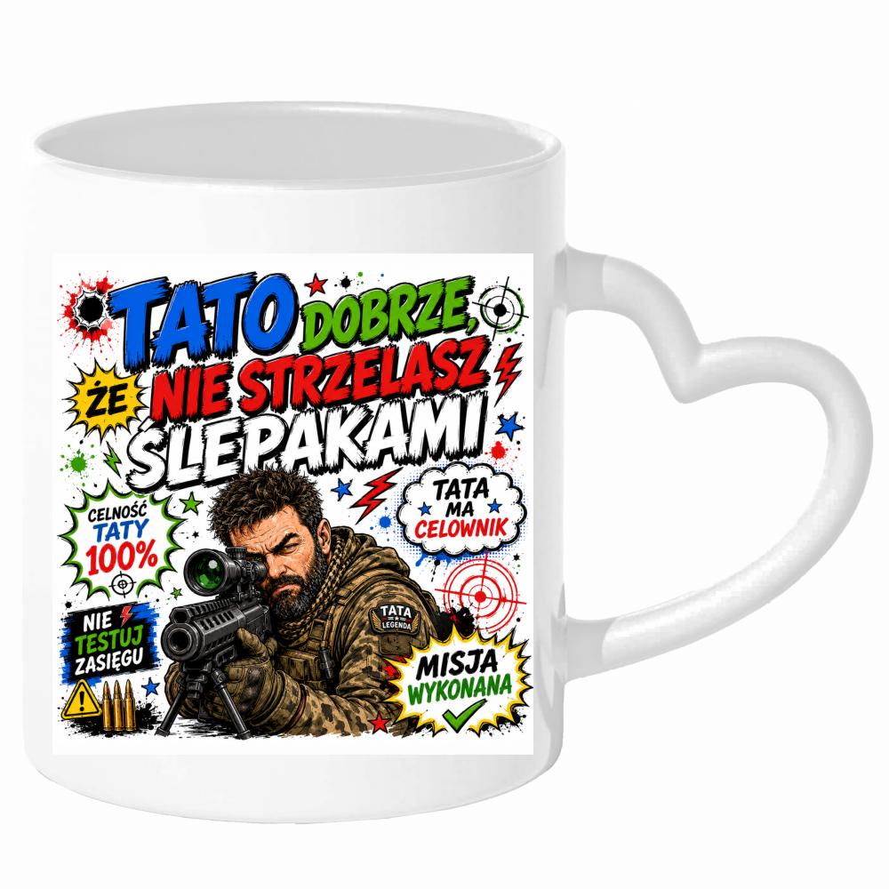 Tato, dobrze że nie strzelasz ślepakami kubek uchwyt serce kolor jasnoniebieski