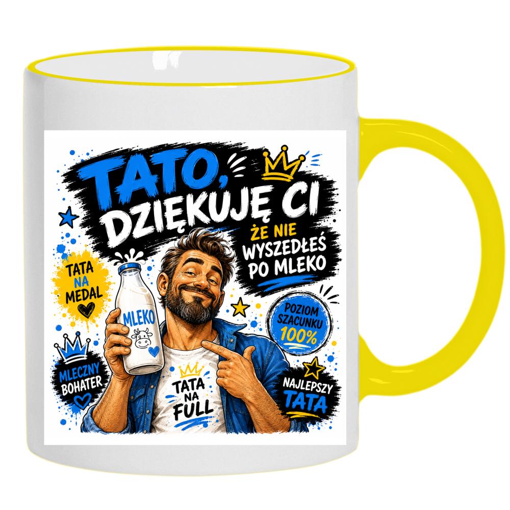 Tato, dziękuję Ci, że nie wyszedłeś po mleko kubek żółty uchwyt i rant kolor serce niebieski