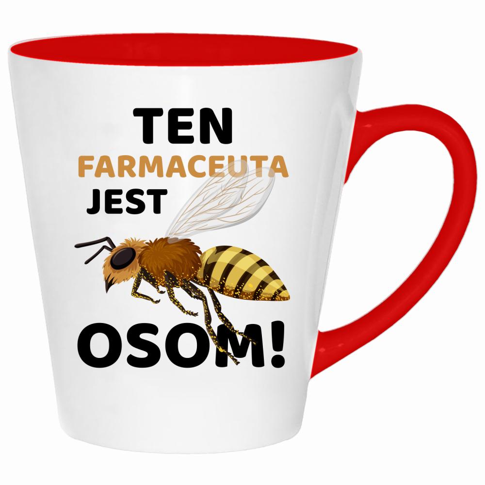 Ten farmaceuta jest osom kubek latte kolor czerwony latte