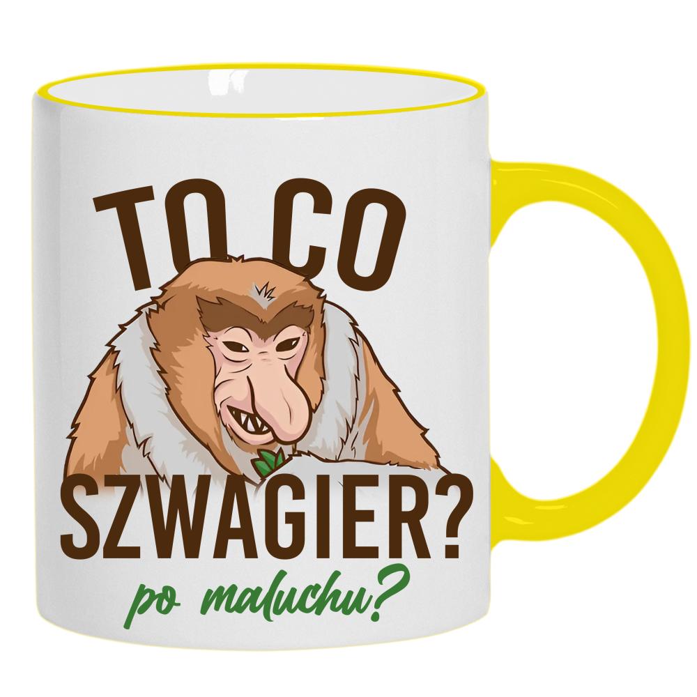To co, szwagier? Po maluchu? kubek żółty uchwyt i rant kolor biały