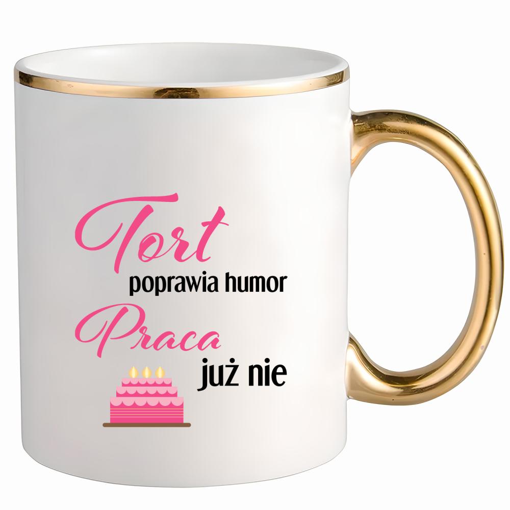 Tort poprawia humor kubek ze złotym uchem i rantem kolor pink
