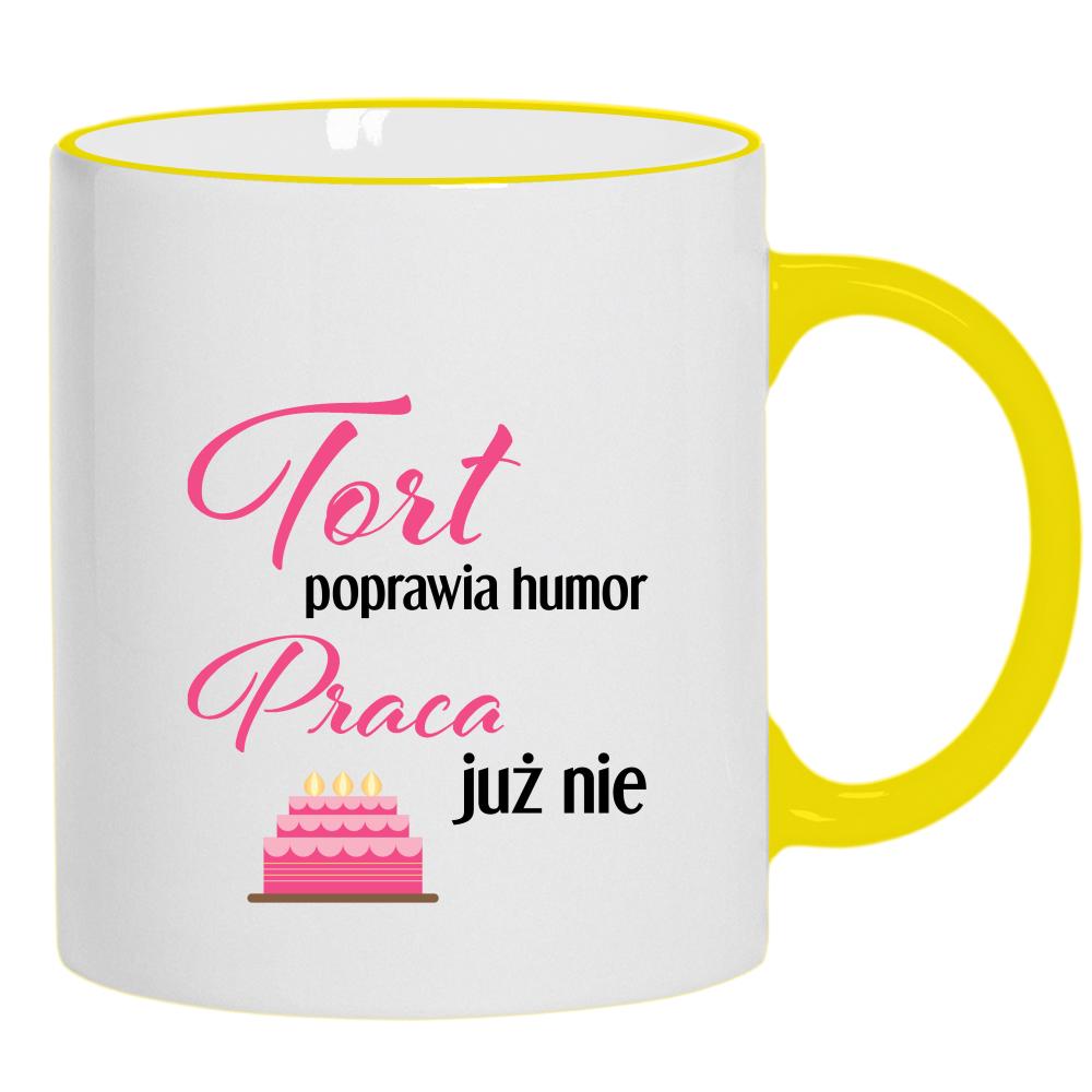 Tort poprawia humor kubek żółty uchwyt i rant kolor zielony