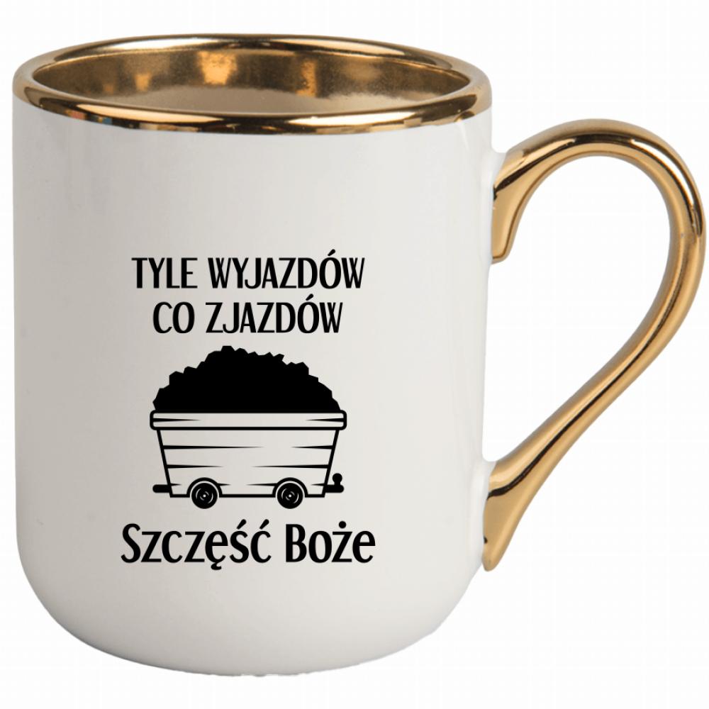 Tyle wyjazdów co zjazdów. Szczęść Boże! kubek elegant biały kolor złoty