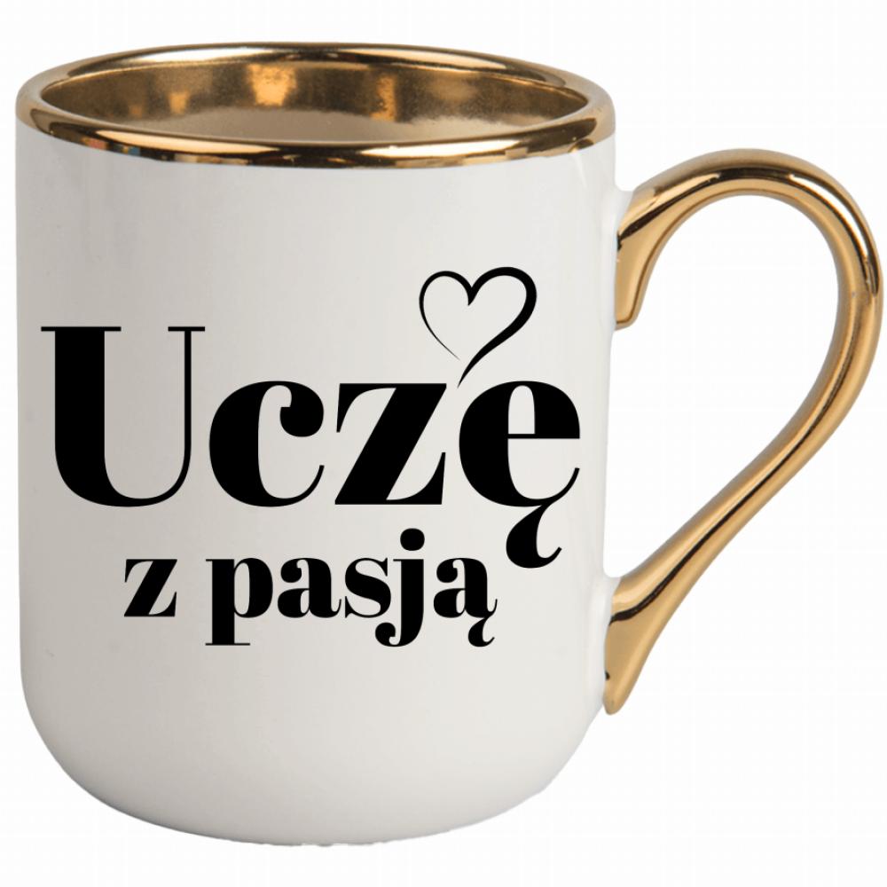 Uczę z pasją kubek elegant biały kolor niebieski 2