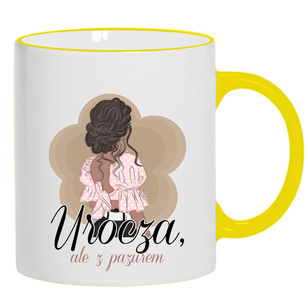 Urocza, ale z pazurem kubek żółty uchwyt i rant kolor pink