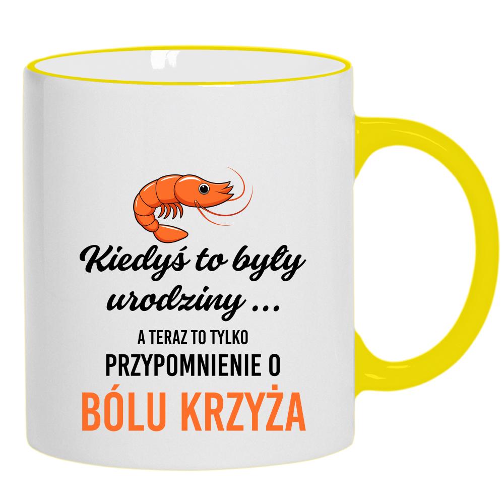 Urodzinowy ból krzyża kubek żółty uchwyt i rant kolor jasnoniebieski