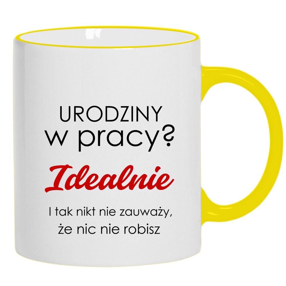 Urodziny w pracy? Idealnie kubek żółty uchwyt i rant kolor turkusowy