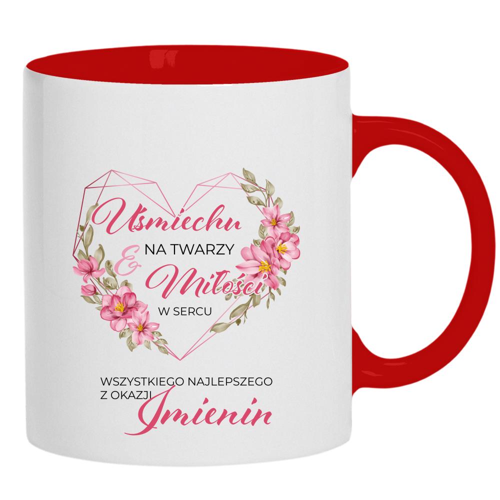 Uśmiech na twarzy, miłość w sercu kubek ucho kolor