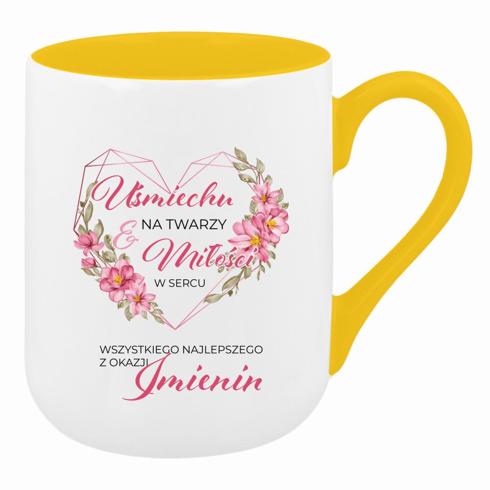 Uśmiech na twarzy, miłość w sercu kubek coffee kolor żółty