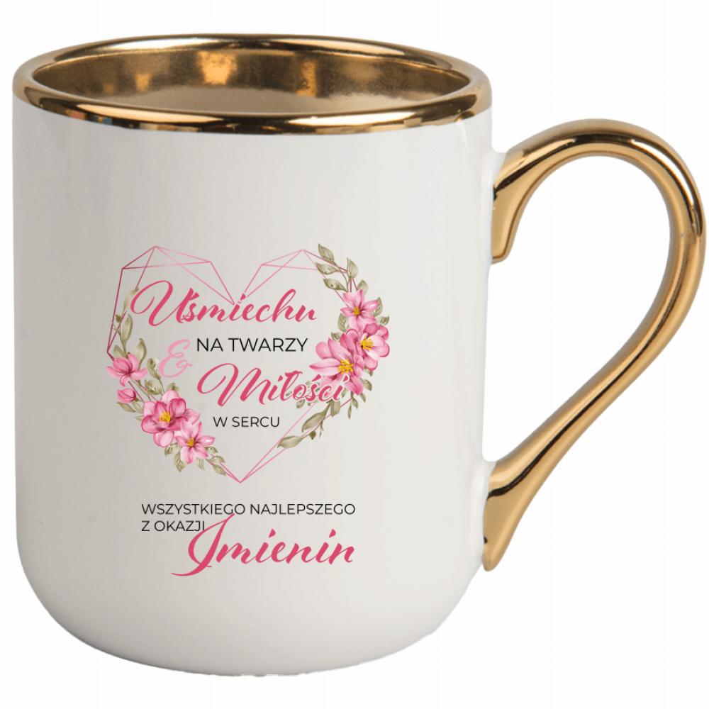 Uśmiech na twarzy, miłość w sercu kubek elegant biały kolor czarnyy