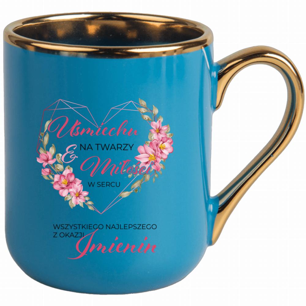 Uśmiech na twarzy, miłość w sercu kubek elegant niebieski kolor różowy
