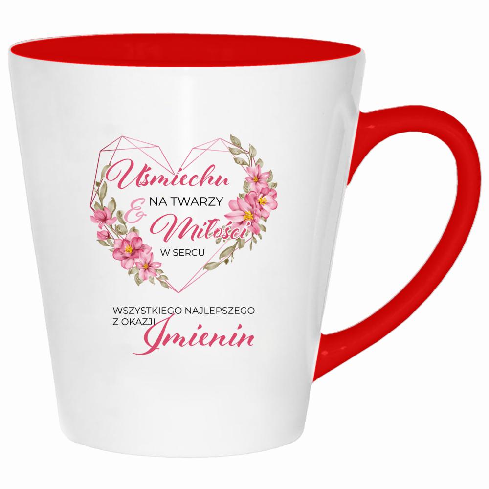 Uśmiech na twarzy, miłość w sercu kubek latte kolor czerwony latte