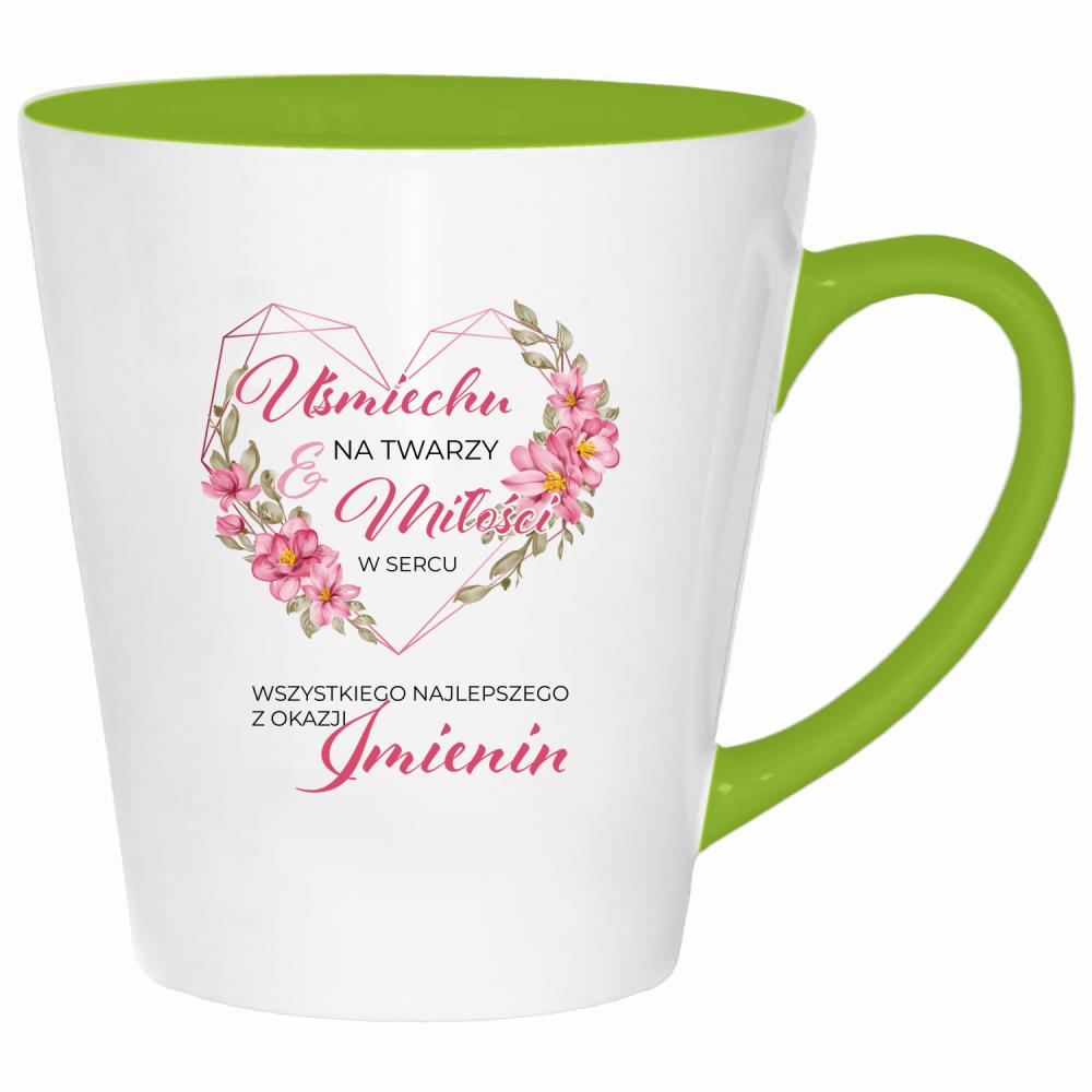 Uśmiech na twarzy, miłość w sercu kubek latte kolor limonka