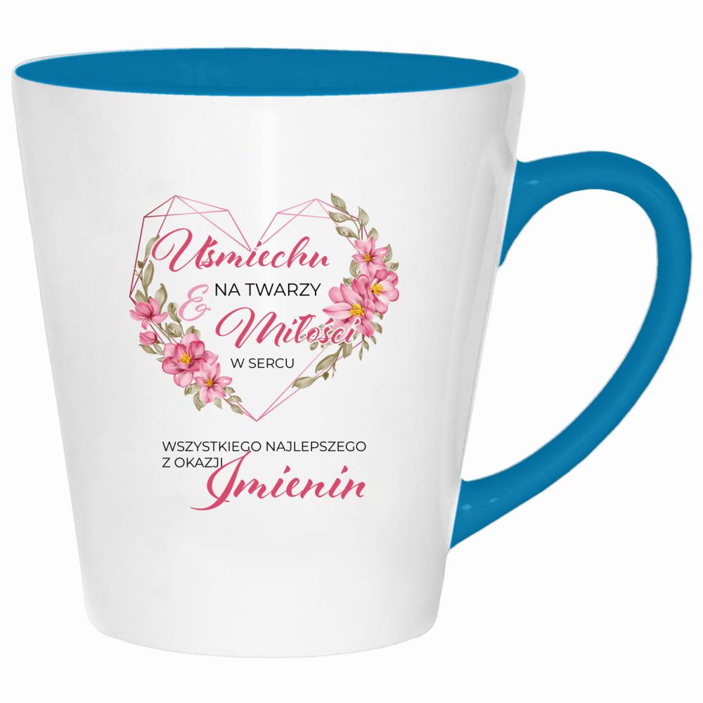 Uśmiech na twarzy, miłość w sercu kubek latte kolor turkus