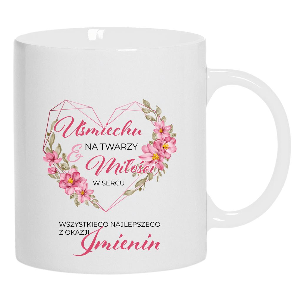 Uśmiech na twarzy, miłość w sercu kubek ucho kolor kolor biały