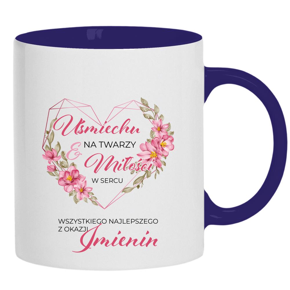 Uśmiech na twarzy, miłość w sercu kubek ucho kolor kolor navy