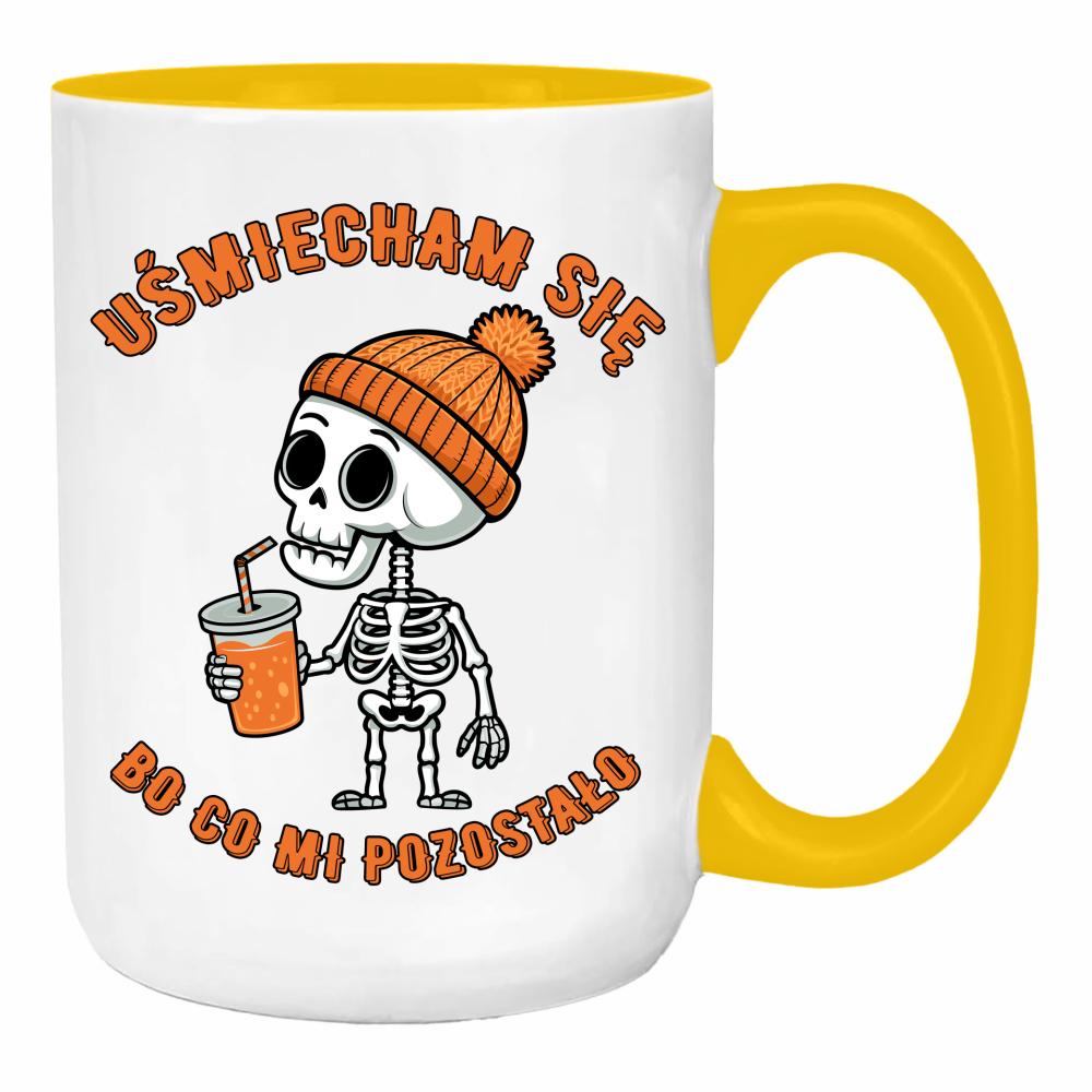 Uśmiecham się, bo co mi pozostało duży kubek ucho kolor kolor żółty