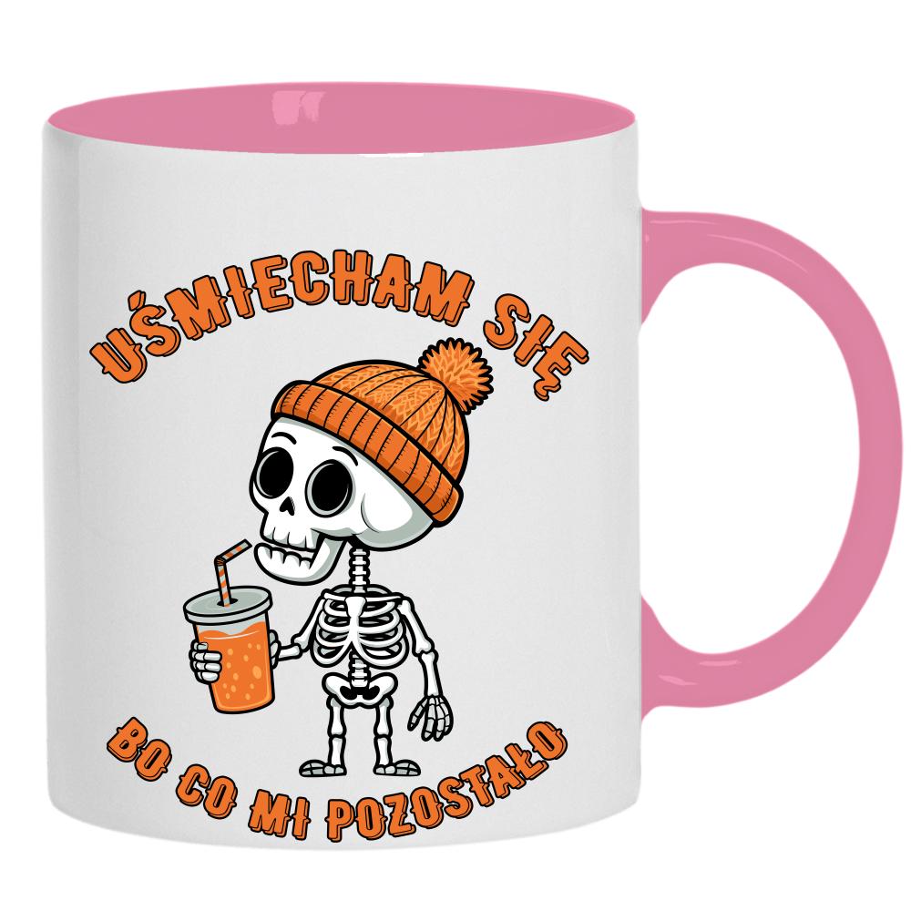 Uśmiecham się, bo co mi pozostało kubek ucho kolor kolor różowy