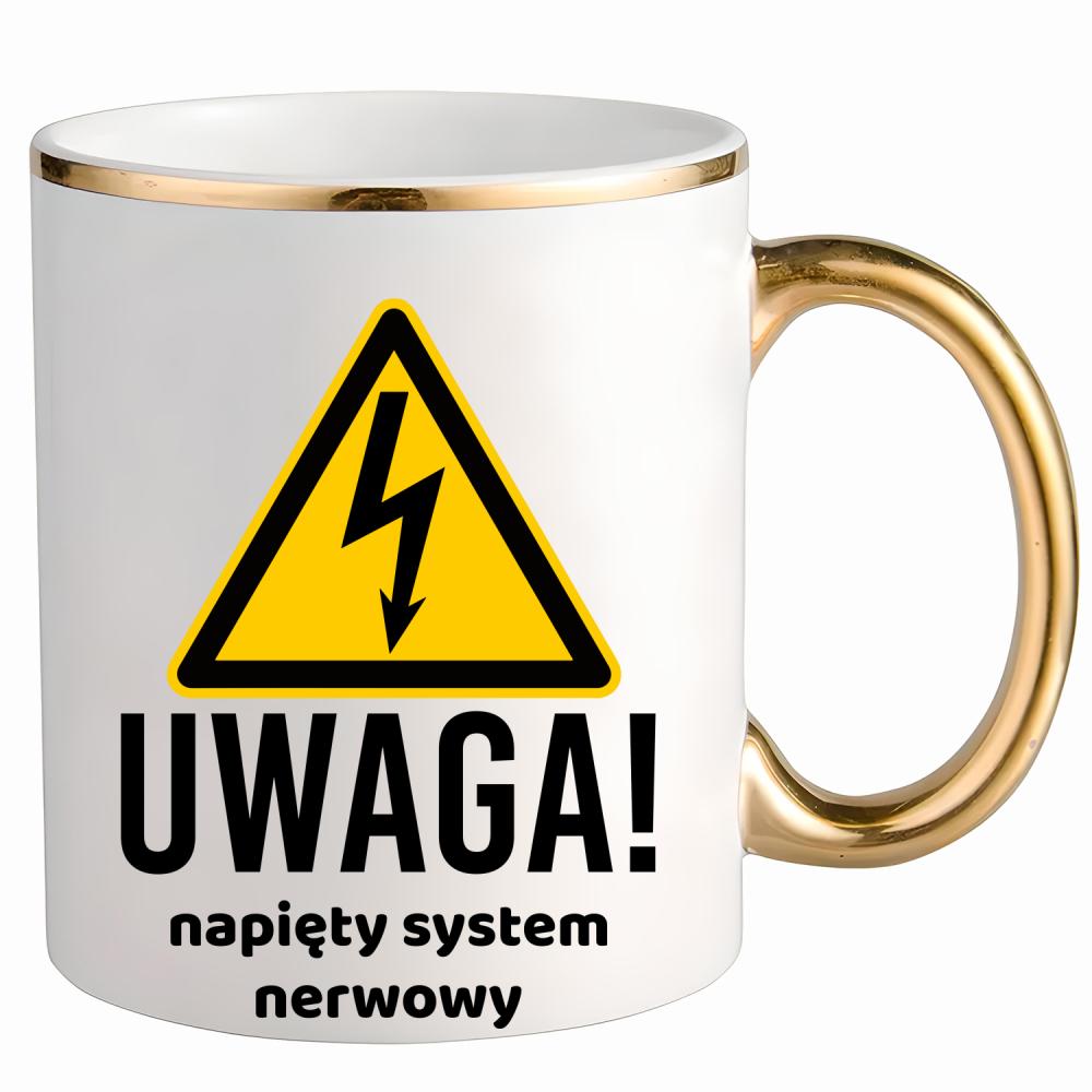 Uwaga: napięty system nerwowy kubek ze złotym uchem i rantem kolor złoty