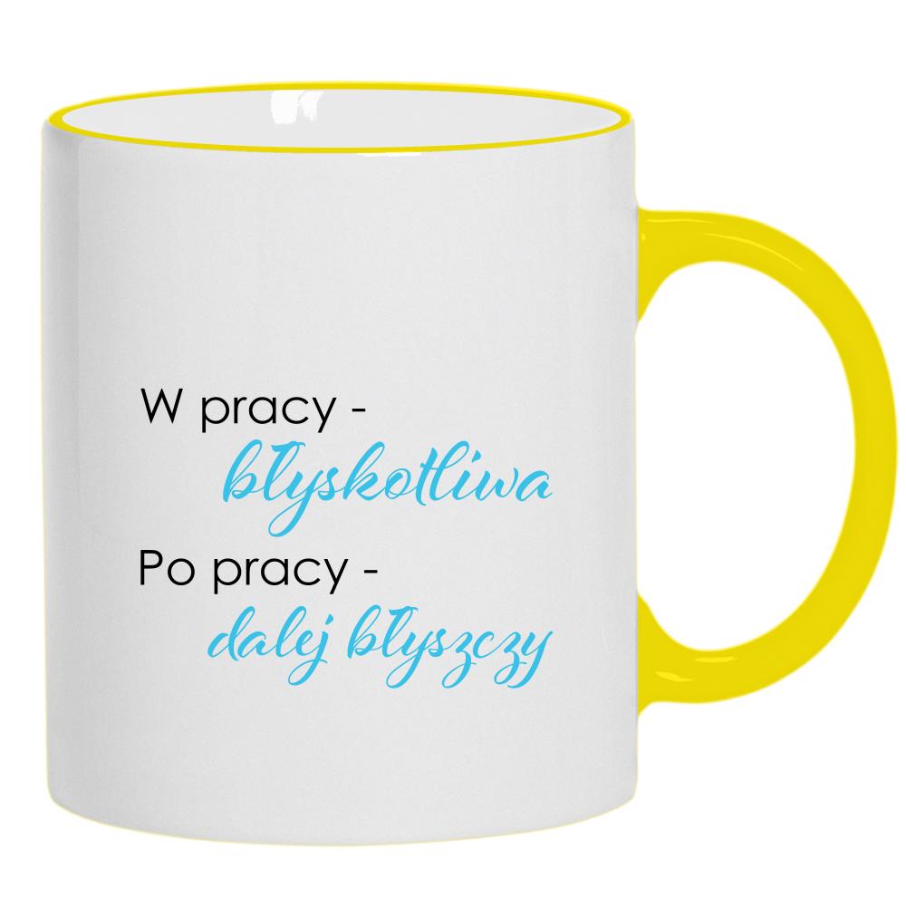W pracy błyskotliwa, po pracy dalej błyszczy kubek żółty uchwyt i rant kolor zielony