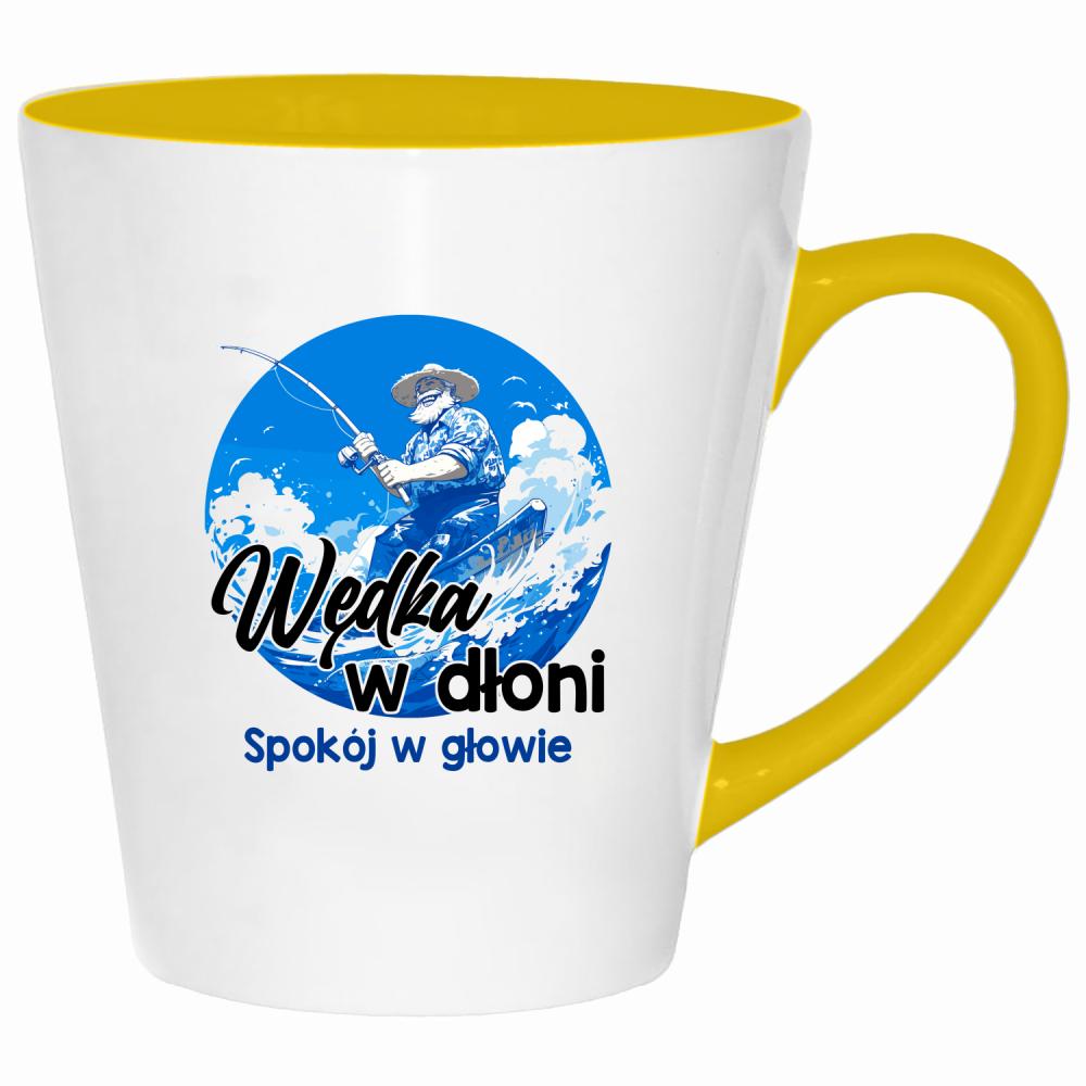 Wędka w dłoni, spokój w głowie kubek latte kolor żółtyy