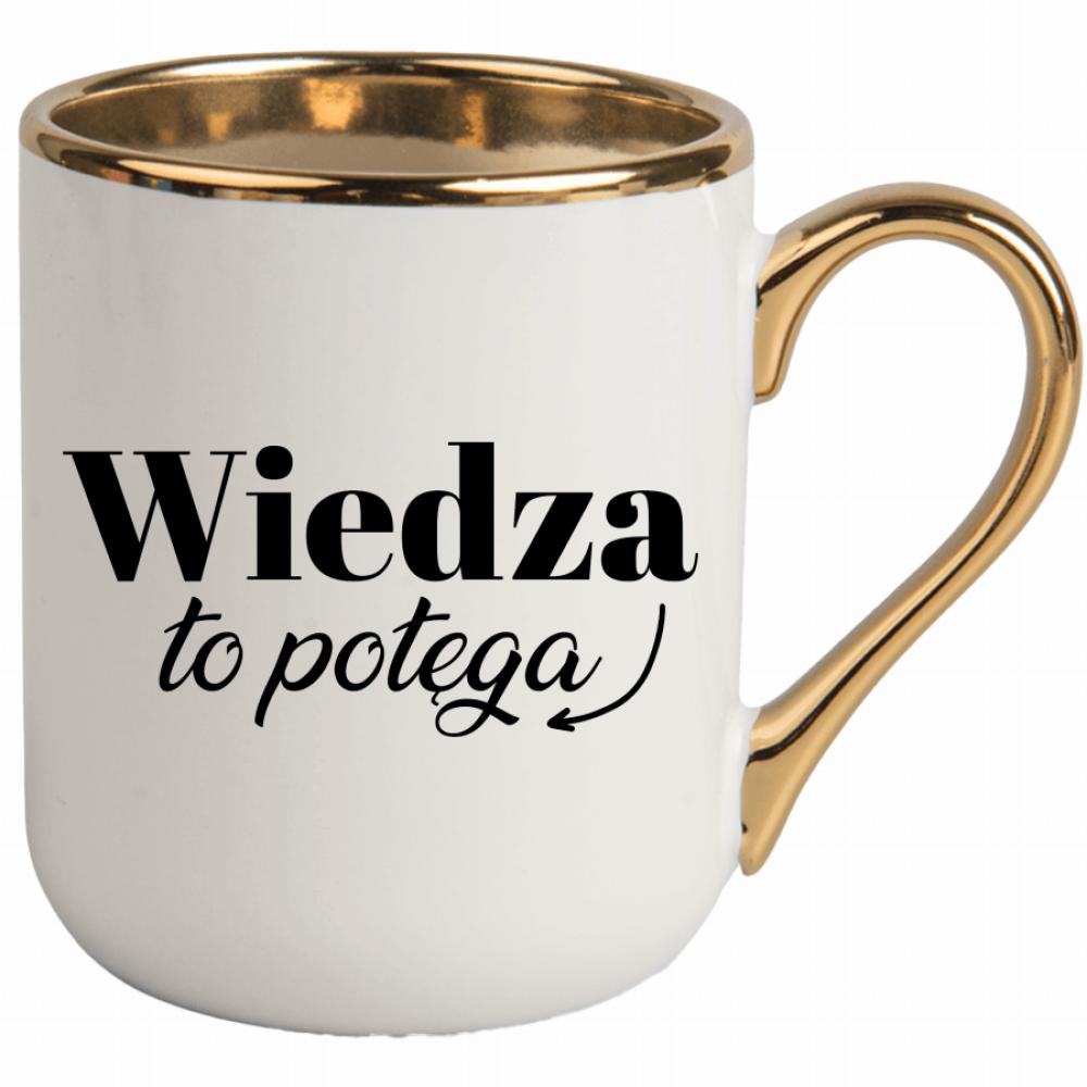 Wiedza to potęga kubek elegant biały kolor pastelowy fiolet