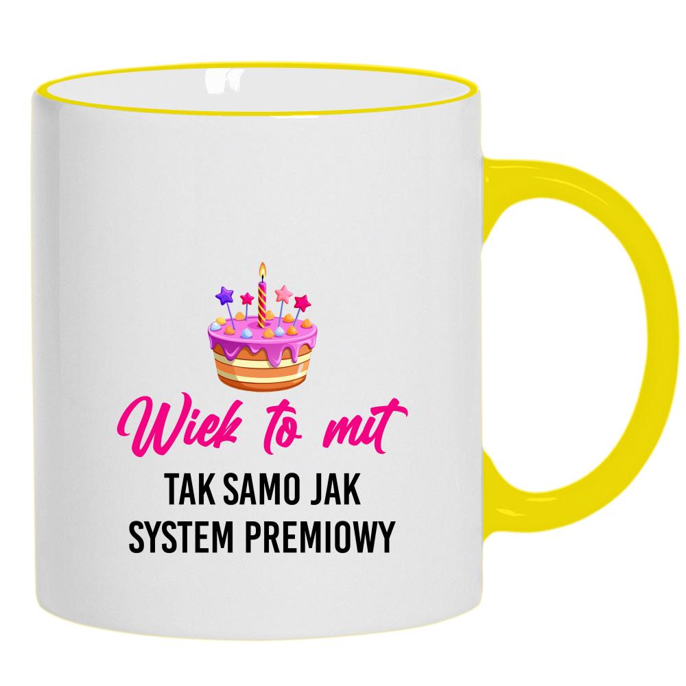 Wiek to mit tak samo jak system premiowy kubek żółty uchwyt i rant kolor limonka