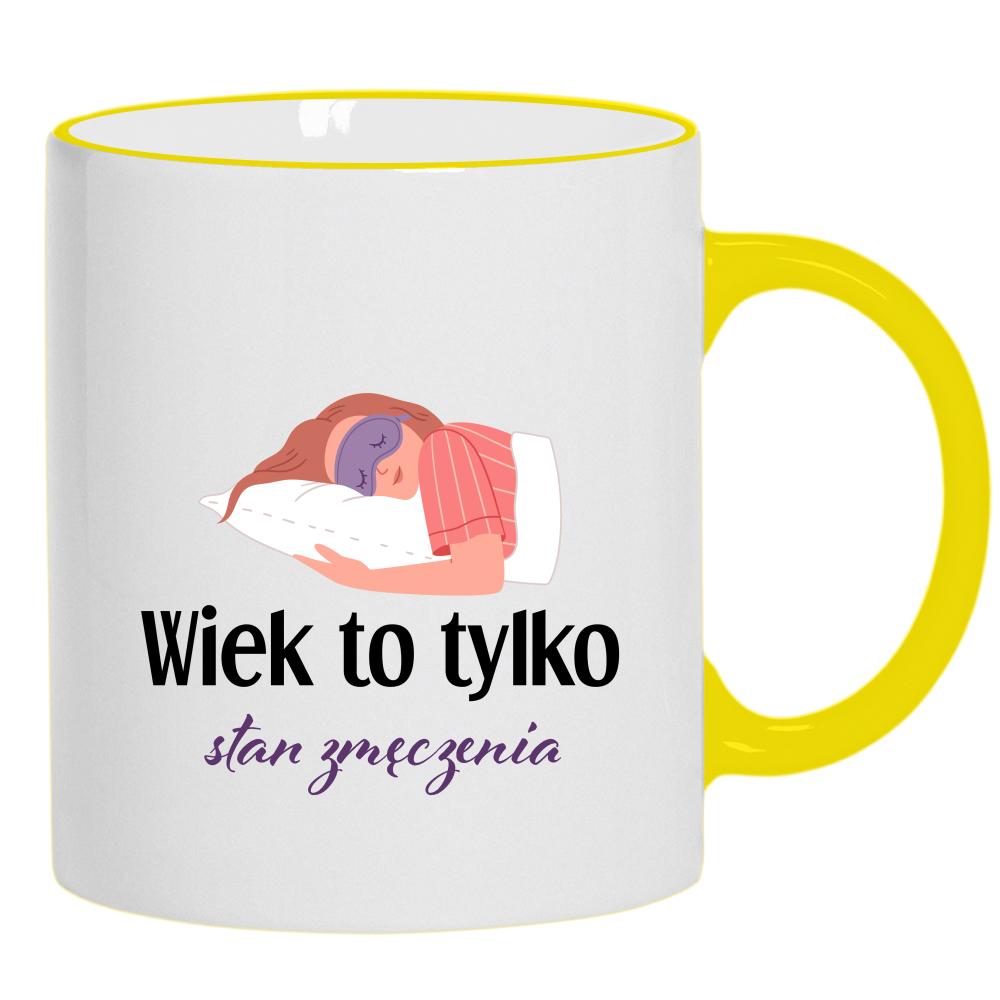 Wiek to tylko stan zmęczenia kubek żółty uchwyt i rant kolor red