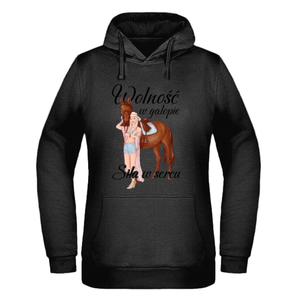 Wolność w galopie, siła w sercu bluza damska z kapturem kolor czarnyy