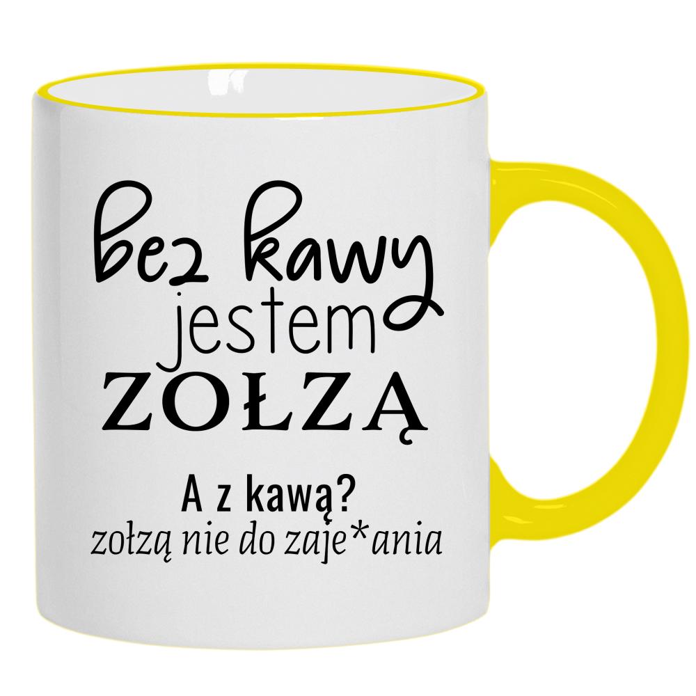 z kawą jestem zołzą nie do zaje#ania kubek żółty uchwyt i rant kolor różowawo-szary