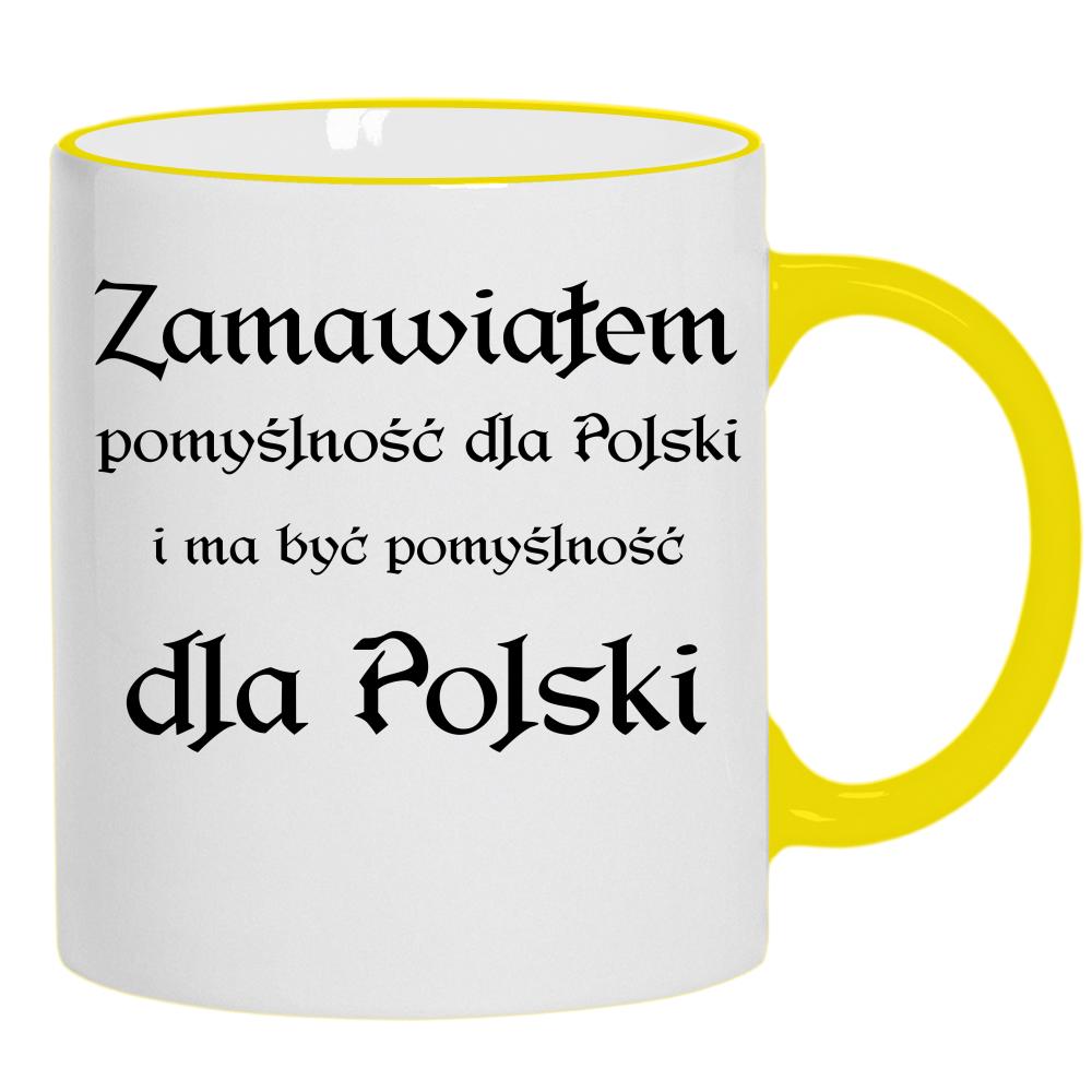 Zamawiałem pomyślność dla Polski kubek żółty uchwyt i rant kolor pastelowy fiolet