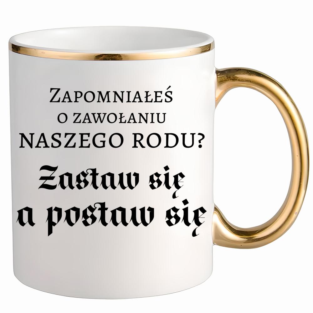 Zastaw się, a postaw się kubek ze złotym uchem i rantem kolor niebieski