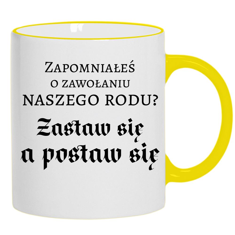 Zastaw się, a postaw się kubek żółty uchwyt i rant kolor niebieski 2