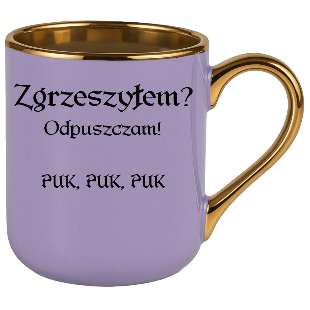 Zgrzeszyłem? Odpuszczam! PUK, PUK, PUK kubek elegant fioletowy kolor czarnyy
