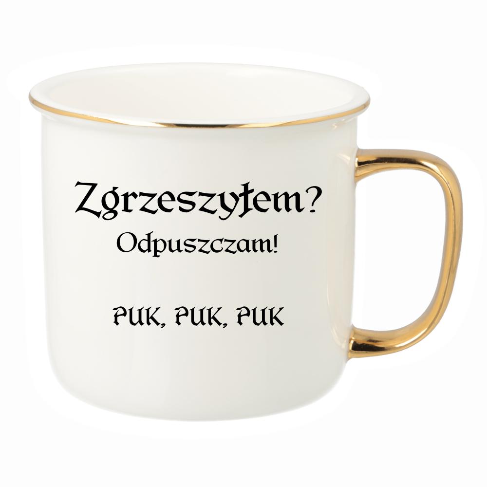 Zgrzeszyłem? Odpuszczam! PUK, PUK, PUK kubek porcelanowy retro kolor czerwony latte