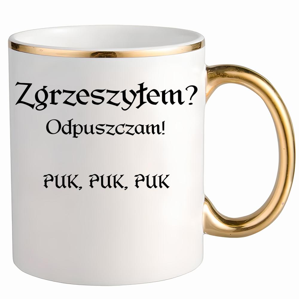 Zgrzeszyłem? Odpuszczam! PUK, PUK, PUK kubek ze złotym uchem i rantem kolor turkus