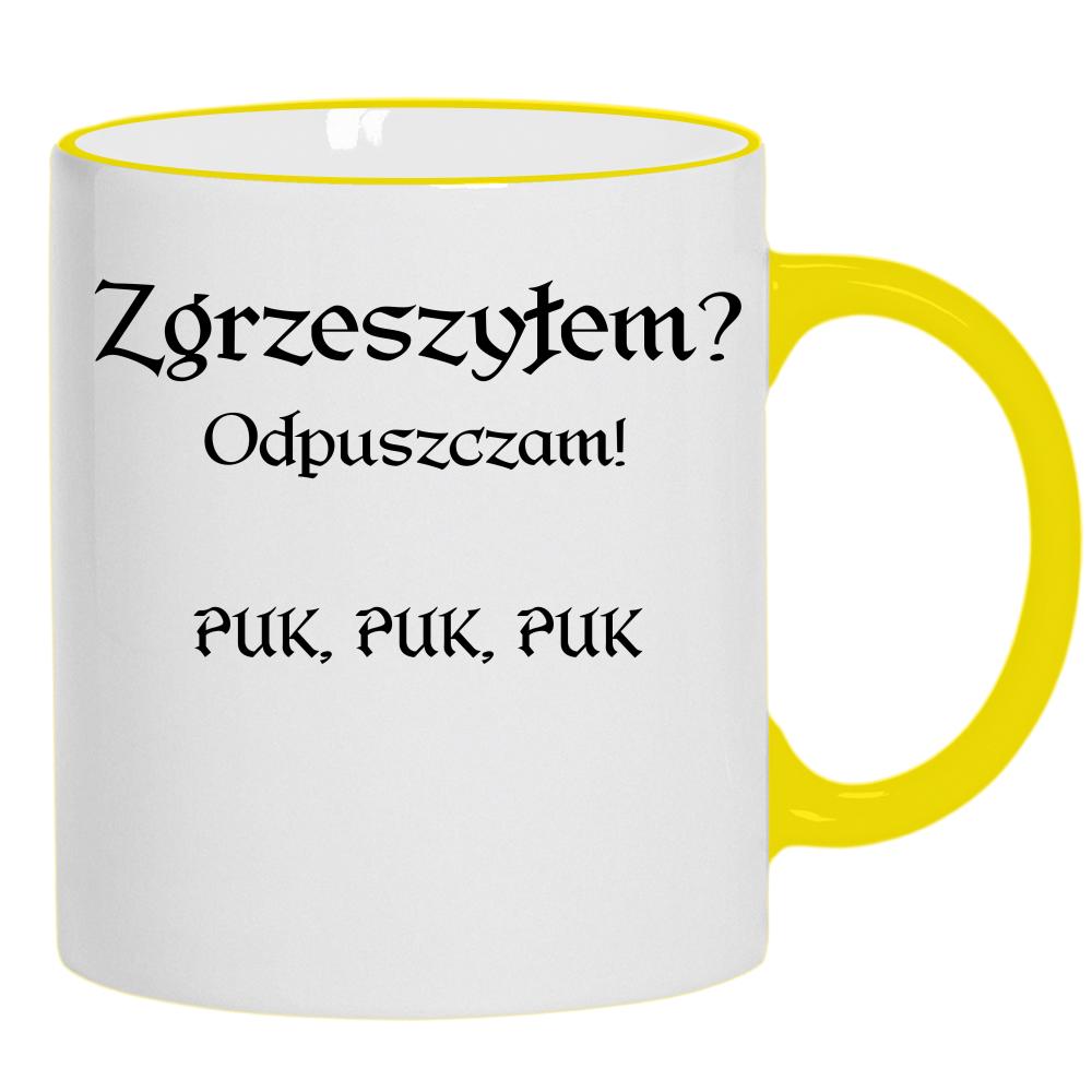 Zgrzeszyłem? Odpuszczam! PUK, PUK, PUK kubek żółty uchwyt i rant kolor jasnofioletowy