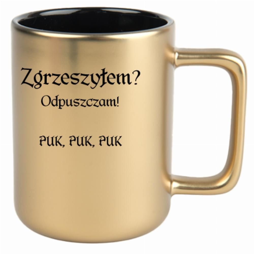 Zgrzeszyłem? Odpuszczam! PUK, PUK, PUK kubek złoty matowy kolor różowawo-szary