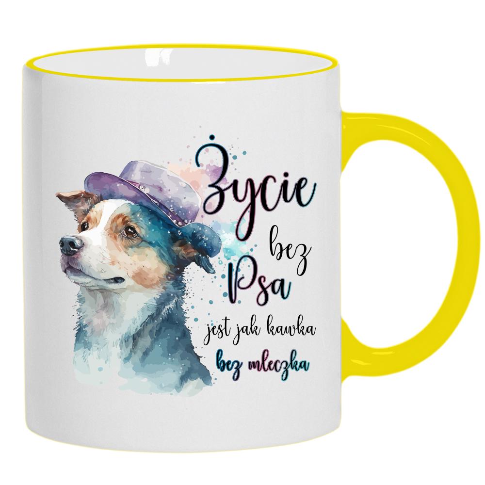 Życie bez psa jest jak kawka bez mleczka kubek żółty uchwyt i rant kolor czerwony latte