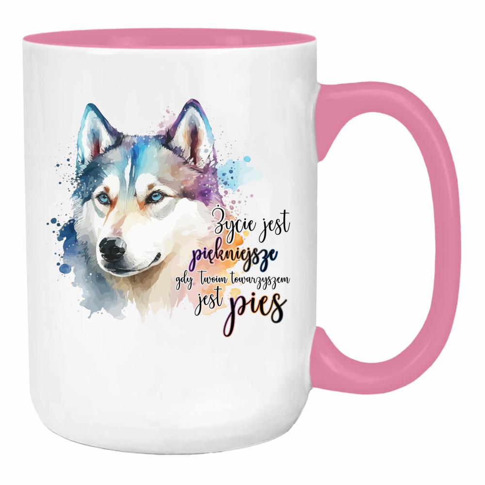 Życie jest piękniejsze gdy towarzyszem jest pies duży kubek ucho kolor kolor różowy