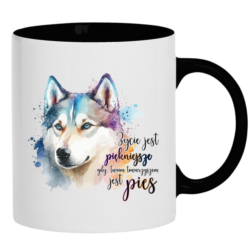 Życie jest piękniejsze gdy towarzyszem jest pies kubek ucho kolor kolor czarnyy