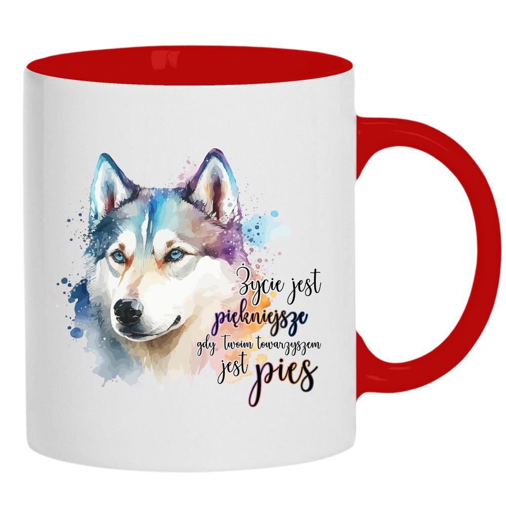 Życie jest piękniejsze gdy towarzyszem jest pies kubek ucho kolor kolor czerwony latte