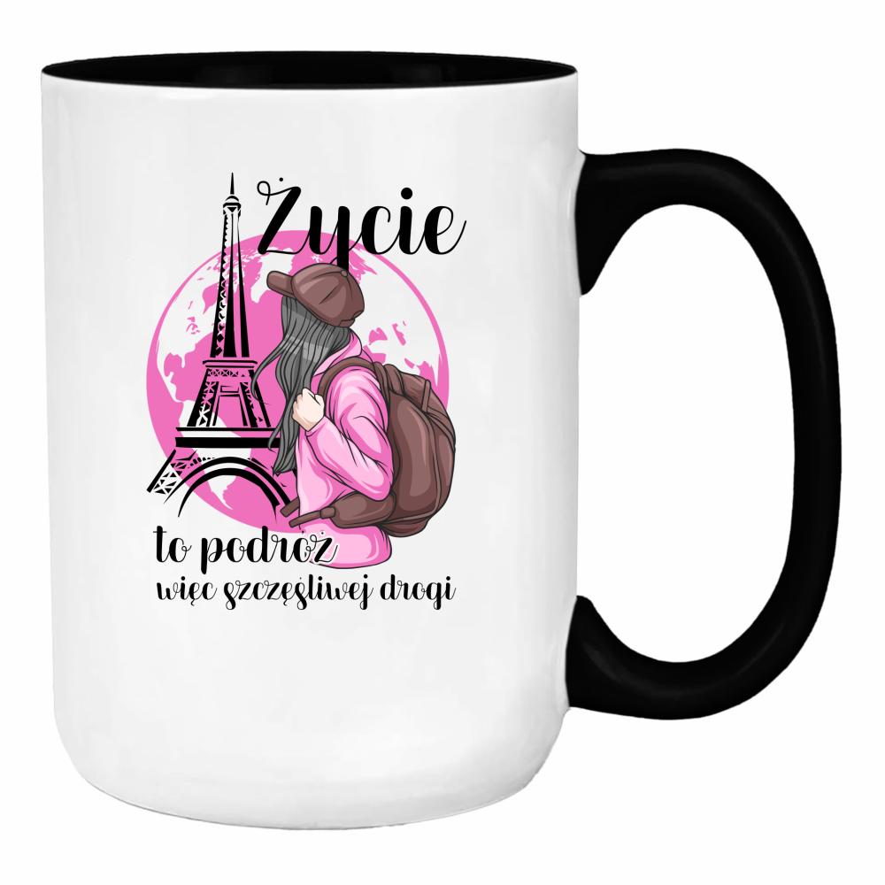 Życie to podróż, więc szczęśliwej drogi duży kubek ucho kolor kolor pink