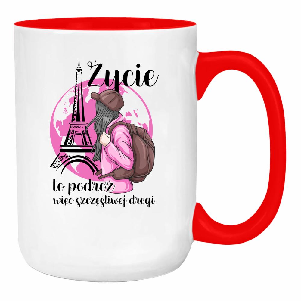 Życie to podróż, więc szczęśliwej drogi duży kubek ucho kolor kolor red