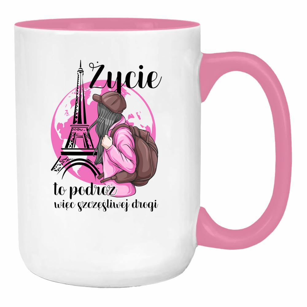 Życie to podróż, więc szczęśliwej drogi duży kubek ucho kolor kolor różowy